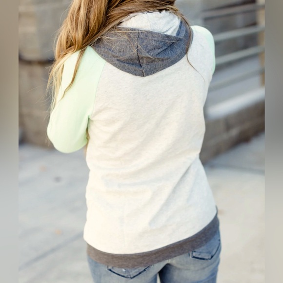 AMPERSAND AVE Baseball DoubleHood Sweatshirt Hoodie Mint and Gray Size Large - Picture 5 of 10